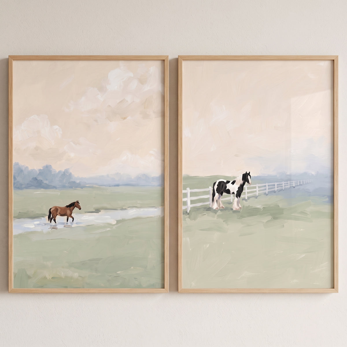 Grandmillennial sage meadow horses wall art set of 2. One brown horse in water and one black and white horse by a fence.