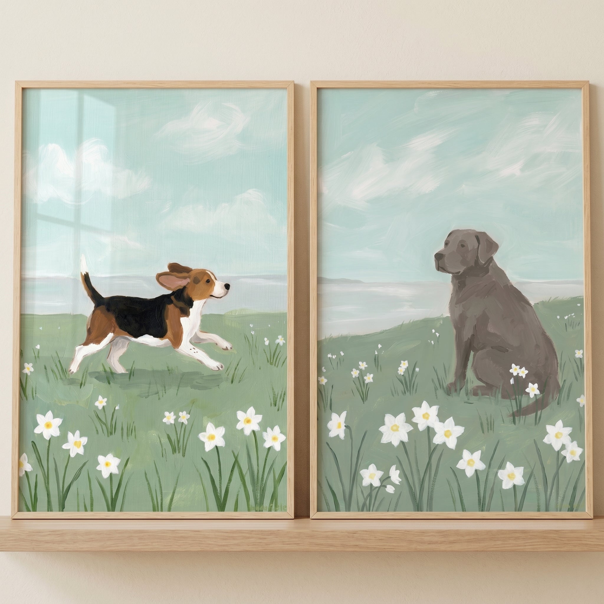 Grandmillennial Spring Meadow Dogs Wall Art Set of 2 - Playful Spring Pups
