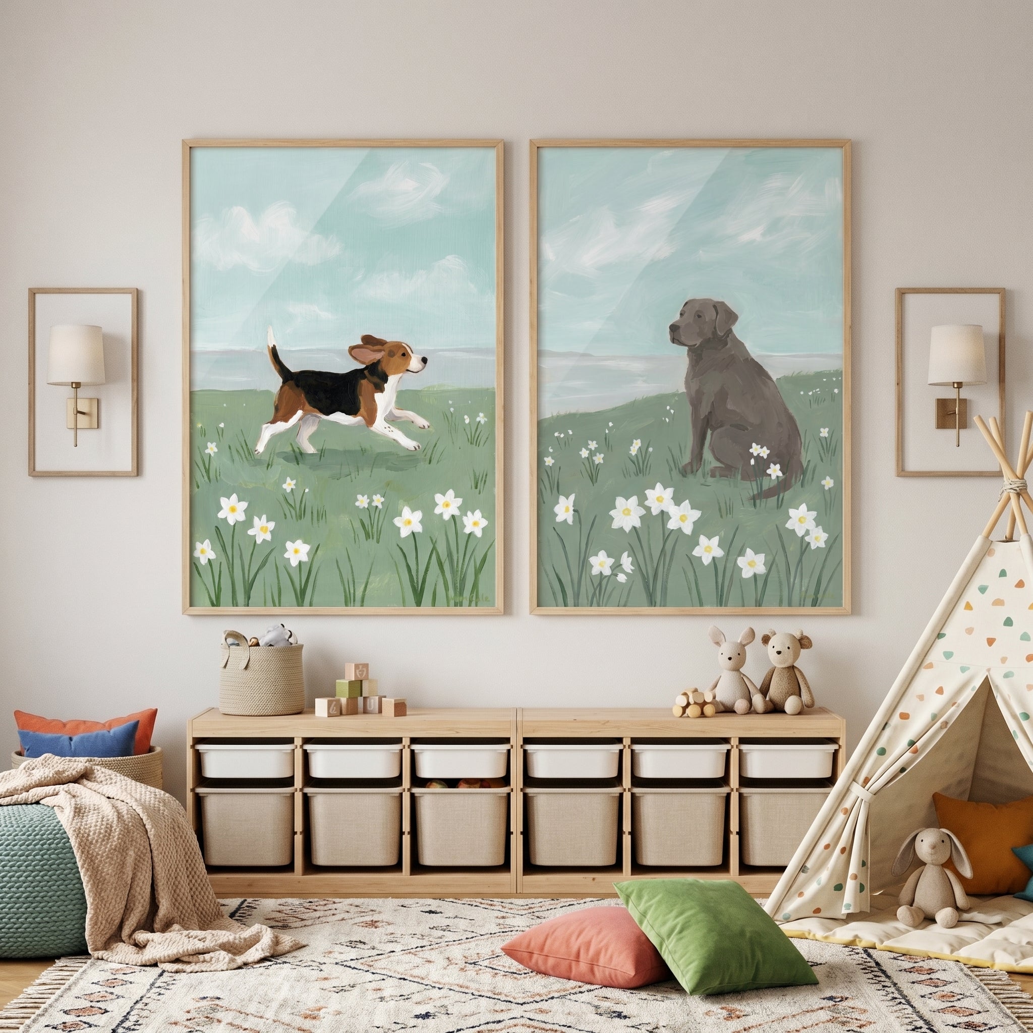Grandmillennial Spring Meadow Dogs Wall Art Set of 2 - Playful Spring Pups