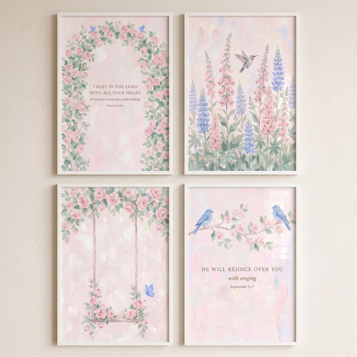 Grandmillennial Style Pink Garden Wall Art Set of 4 - Serene Garden Verses