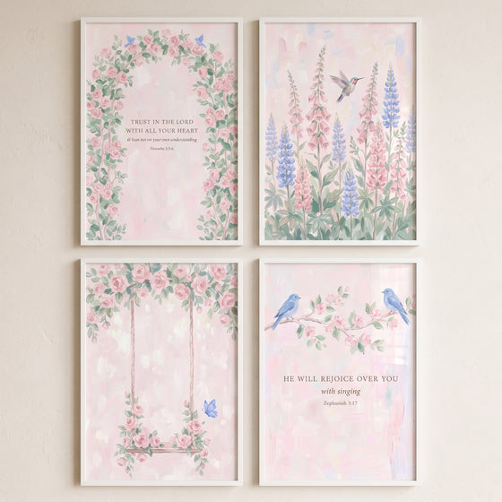 Grandmillennial style pink garden wall art set of 4 with watercolor florals, birds, and scripture in white frames.