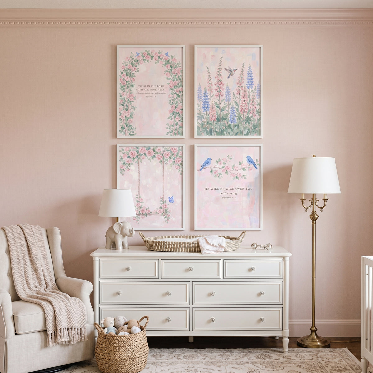 Grandmillennial Style Pink Garden Wall Art Set of 4 - Serene Garden Verses