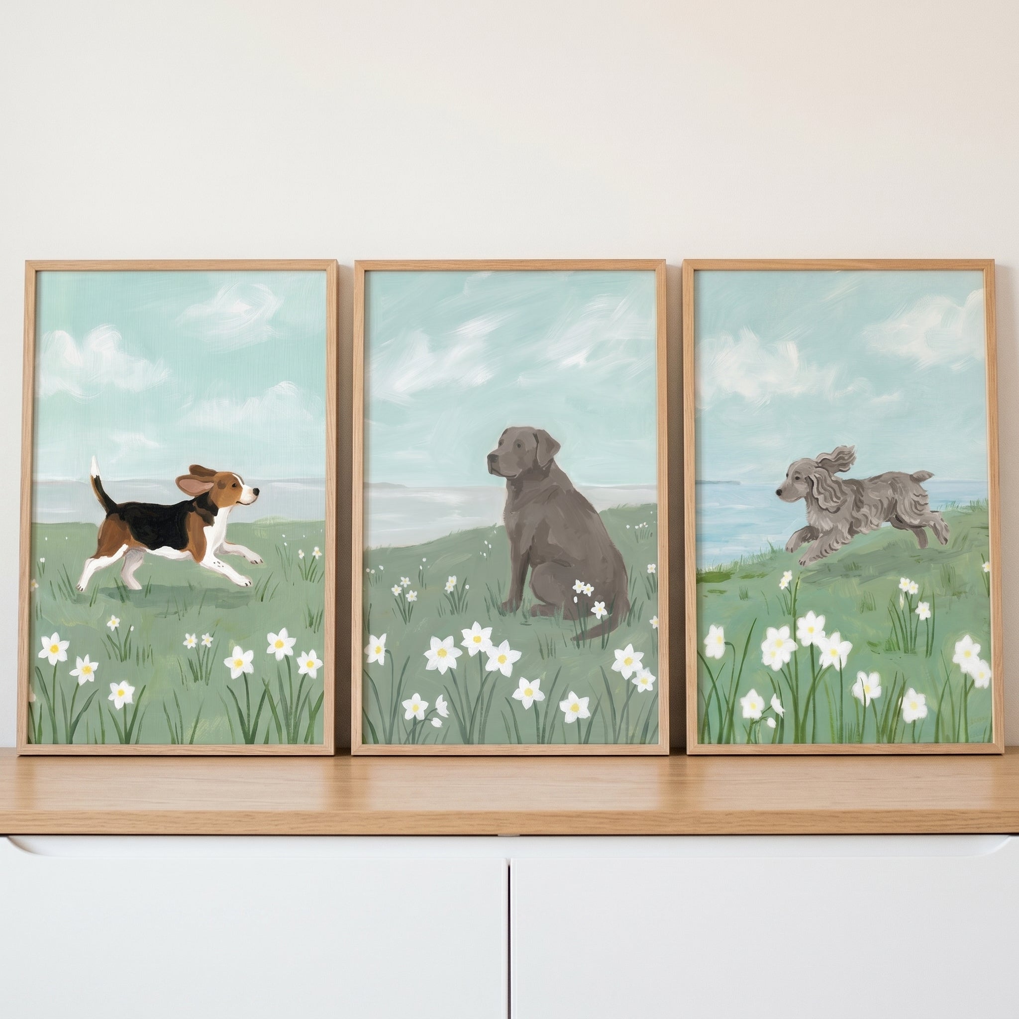 Grandmillennial White Flower Dogs Wall Art Set of 3 - Springtime Pet Play