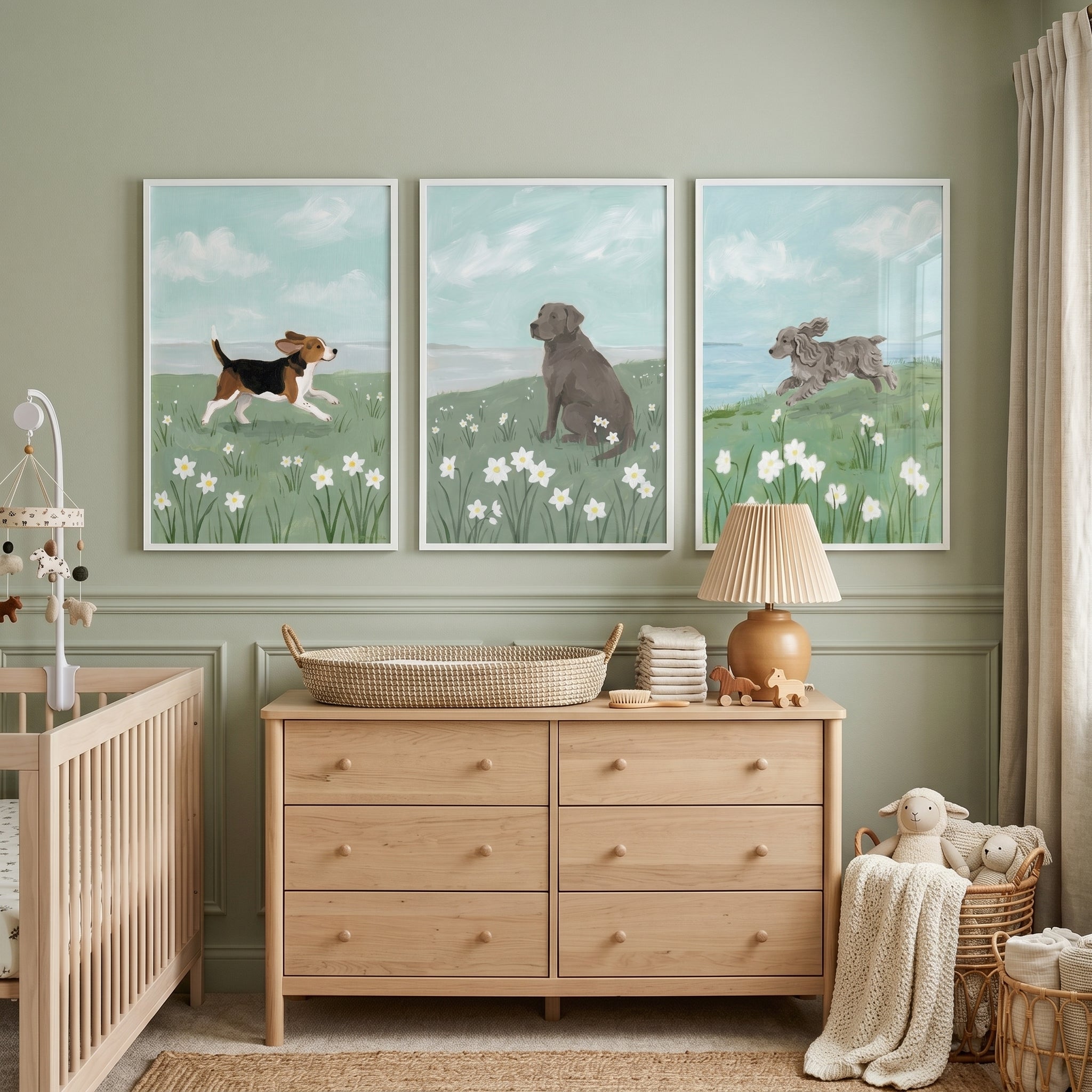 Grandmillennial White Flower Dogs Wall Art Set of 3 - Springtime Pet Play
