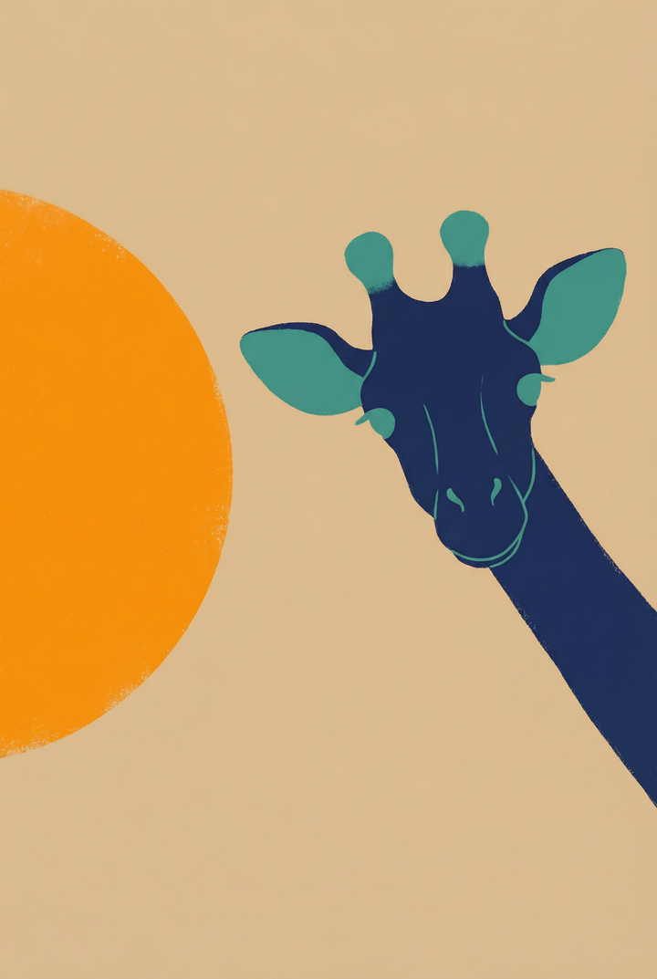 A minimalist graphic illustration features a stylized giraffe's head and long neck on a light tan background. The giraffe is primarily deep blue, with its inner ears and the tips of its ossicones colored teal. Thin teal outlines define its eyes, nostrils, and mouth. A large, textured orange circle is partially visible on the left side, representing a sun. The giraffe's neck enters the frame from the bottom right corner at a diagonal angle.