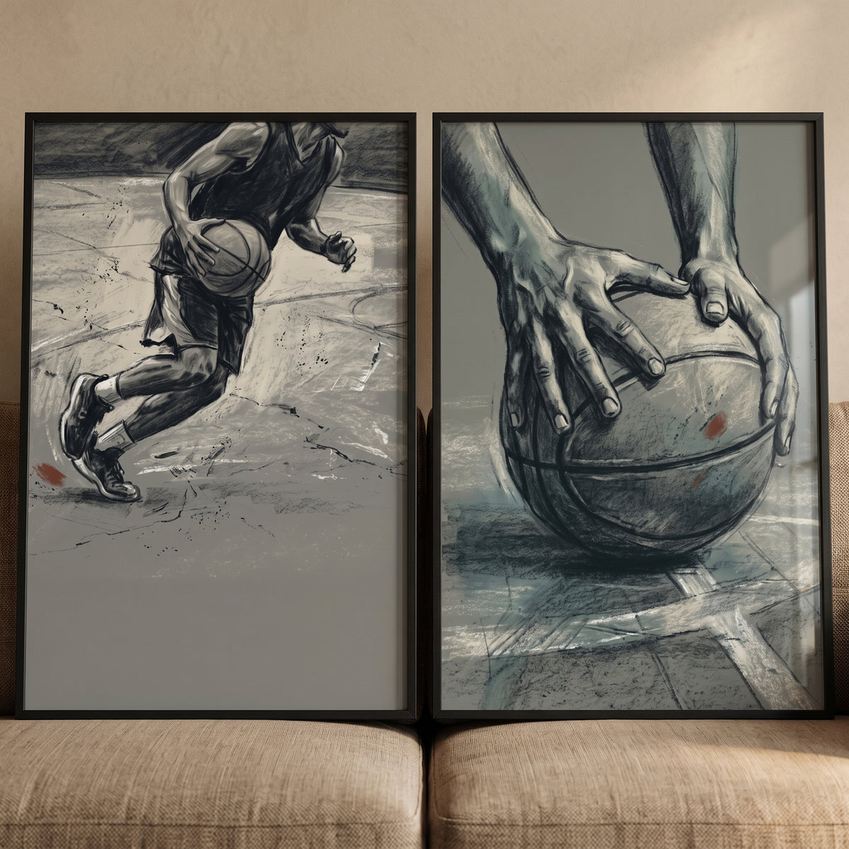 Graphite basketball player sports wall art set of 2 displaying a player in action and hands gripping a basketball.