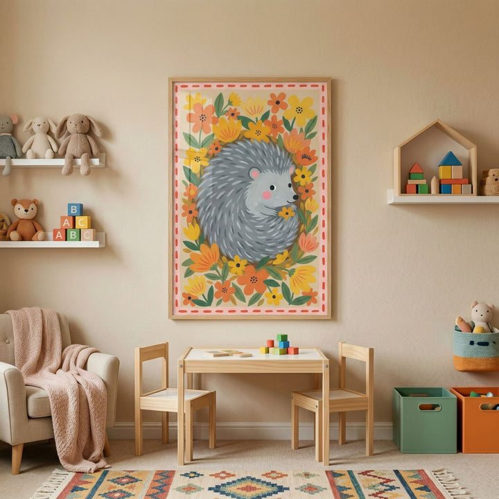 Playroom with gray holding flower hedgehog wall art, a wooden table, chairs, plush toys, and a patterned rug.
