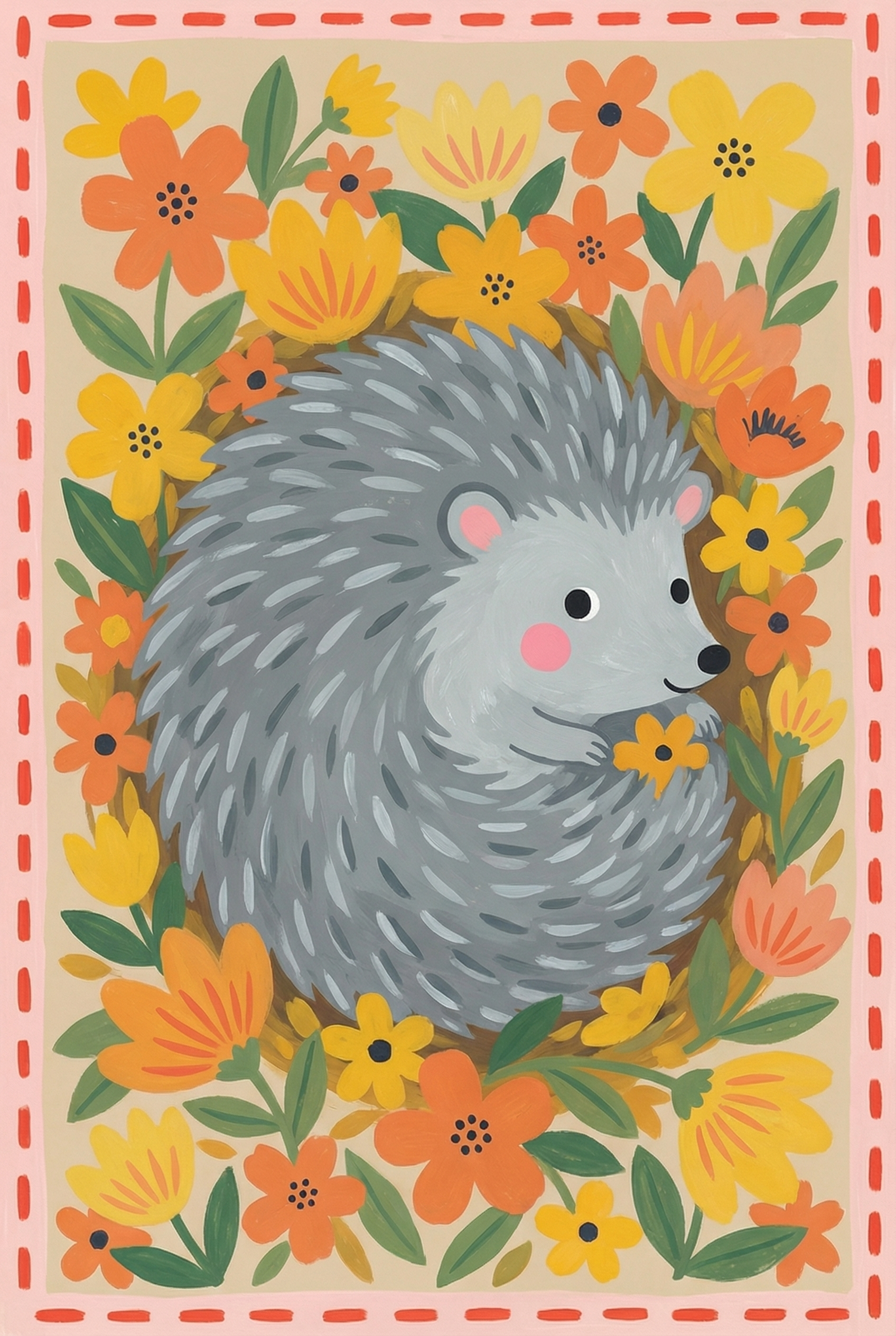 Gray Holding Flower Hedgehog Wall Art - Floral Forest Friend
