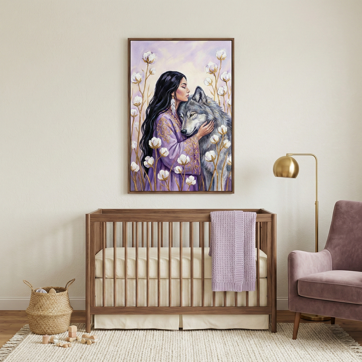 A tranquil nursery features a framed vertical illustration centered on an off-white wall. The artwork depicts a woman with long dark hair and a patterned purple garment embracing a large gray wolf amidst tall, fluffy white plants under a soft lavender sky. Below, a dark wood crib holds a cream mattress and a folded purple knit blanket. To the right stands a gold-toned floor lamp beside a mauve upholstered armchair. A woven basket and scattered wooden toys rest on a light-colored textured rug.