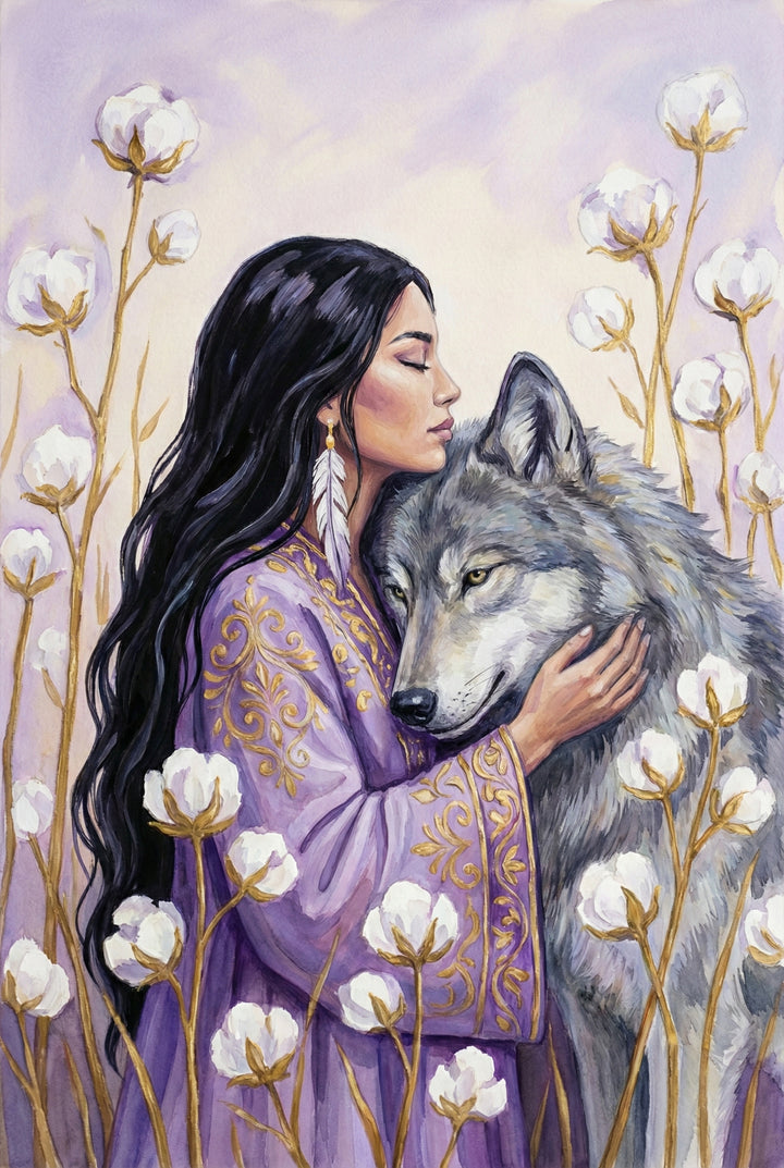 A serene illustration shows a woman with long, flowing black hair embracing a large grey wolf. Her eyes are closed as she rests her head against the wolf’s, her hand gently cupping its jaw. She wears a lavender robe adorned with intricate gold embroidery and a single long white feather earring. Surrounding them are tall, golden-brown stalks with fluffy white cotton bolls, set against a soft, hazy purple sky. The atmosphere is calm and filled with a sense of deep connection.