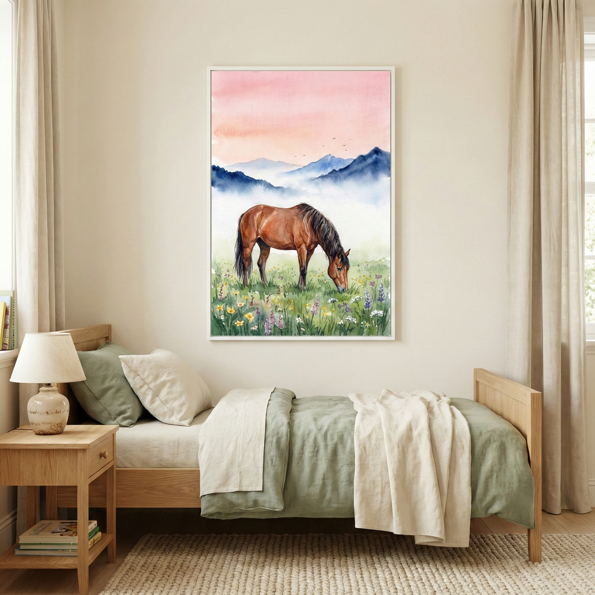 A tranquil bedroom featuring a large framed artwork centered above a light-wood bed frame. The artwork is a watercolor-style illustration of a brown horse grazing in a meadow of wildflowers. In the background of the art, misty blue mountains sit under a soft pink and peach sunset sky. The bed is styled with sage green and cream-colored linens, with matching pillows. To the left of the bed is a small wooden nightstand holding a simple table lamp and some books. 