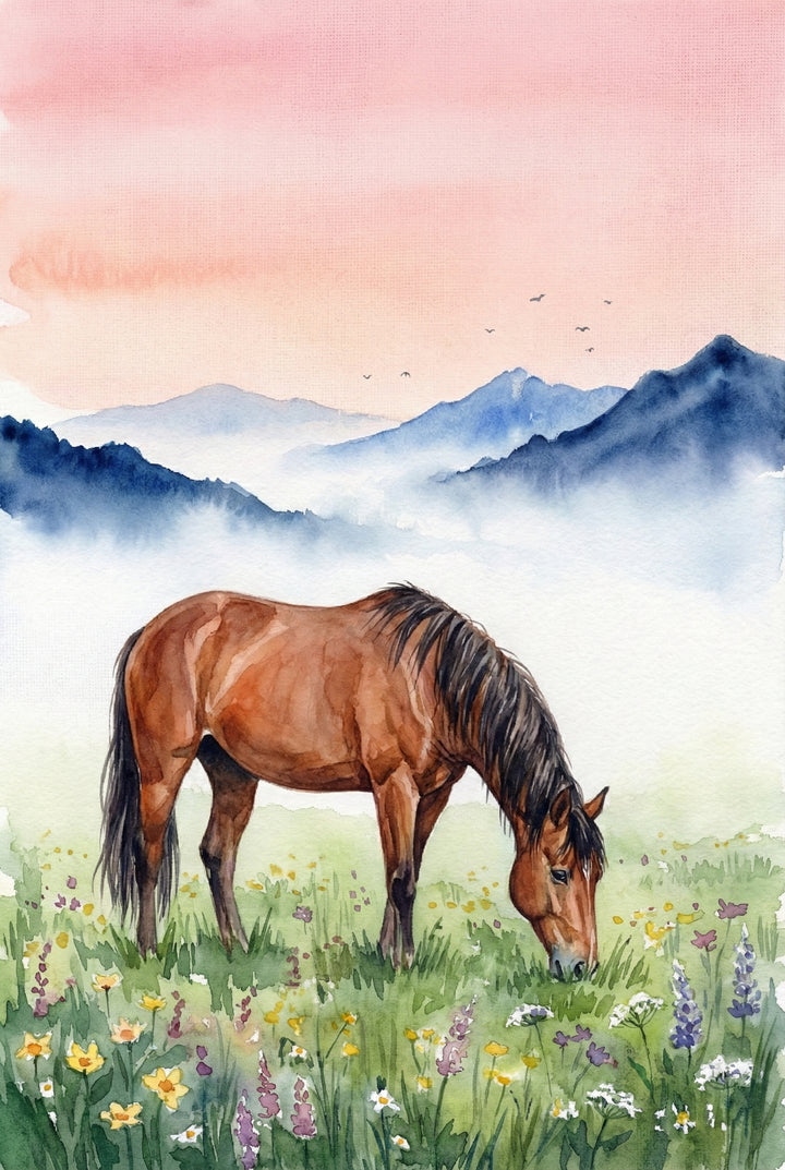 Watercolor illustration of a brown horse grazing in a green meadow filled with yellow and purple wildflowers. Soft blue mountains and a pink sky fade into the distance behind the horse. The peaceful landscape creates a calm pastoral atmosphere.
