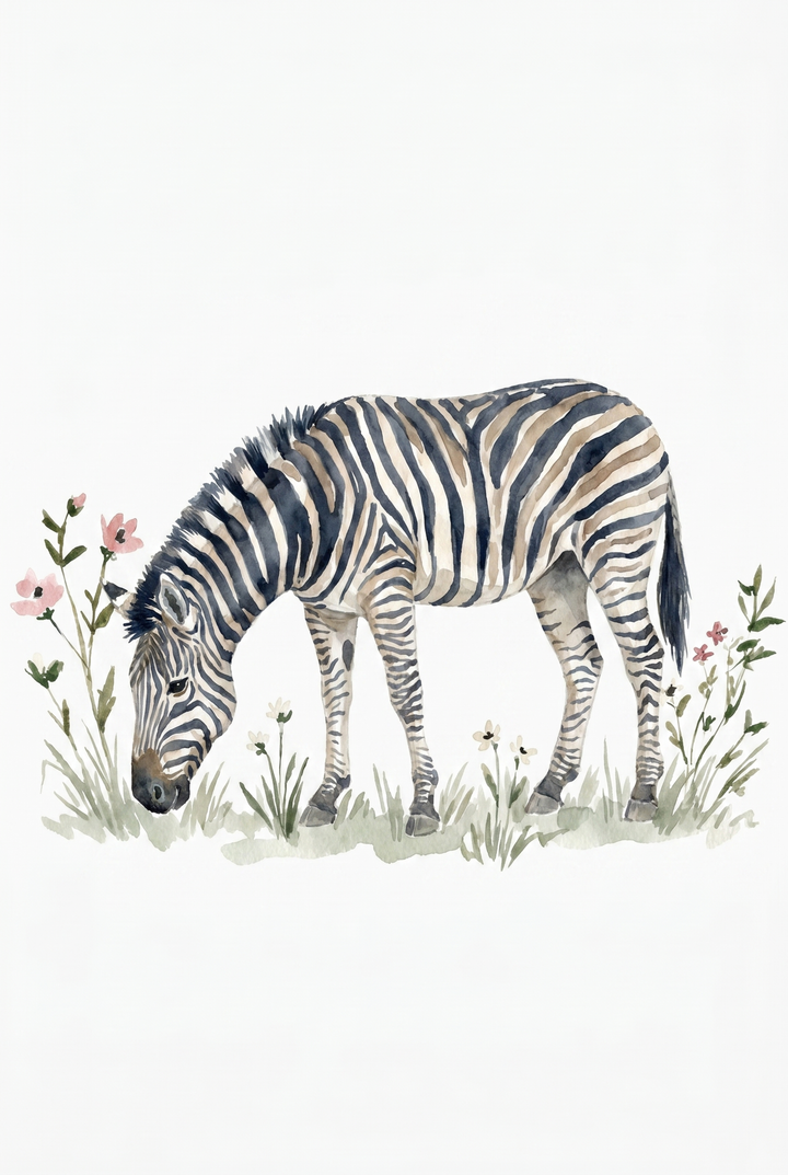 Watercolor grazing meadow zebra wall art of a striped zebra among green grass and delicate pink blossoms.