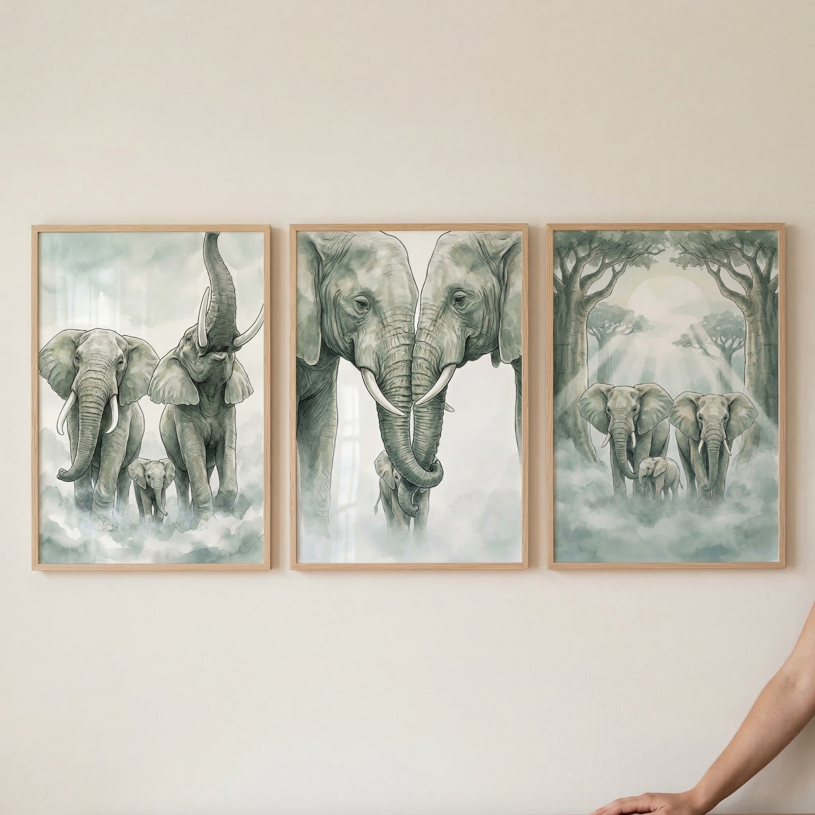 A set of three vertical framed illustrations of elephants is displayed on a neutral wall. Each artwork uses a muted green and grey palette in a delicate, washed style. The left piece shows elephants in a misty setting. The center piece features two adults with trunks intertwined around a calf. The right piece depicts a group in a forest with sun rays shining through. All are encased in light wood frames. A person's hand is visible in the bottom right corner for scale.