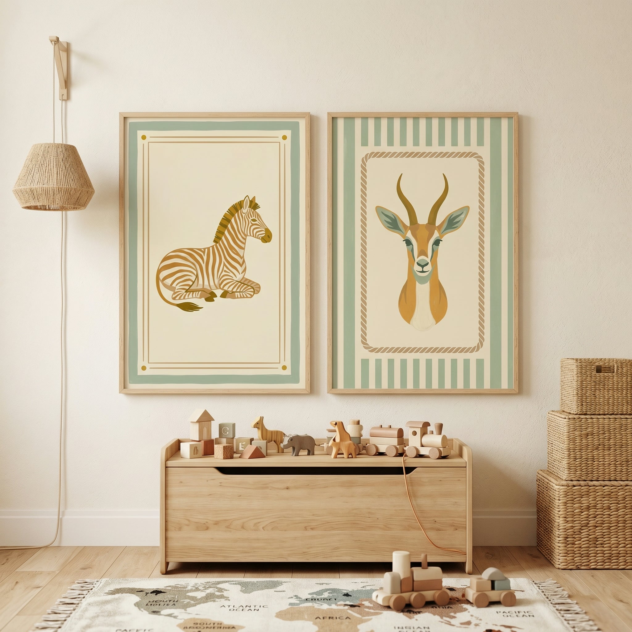 Green Folk Savanna Animal Wall Art Set of 2 - Earthy Wildlife Prints