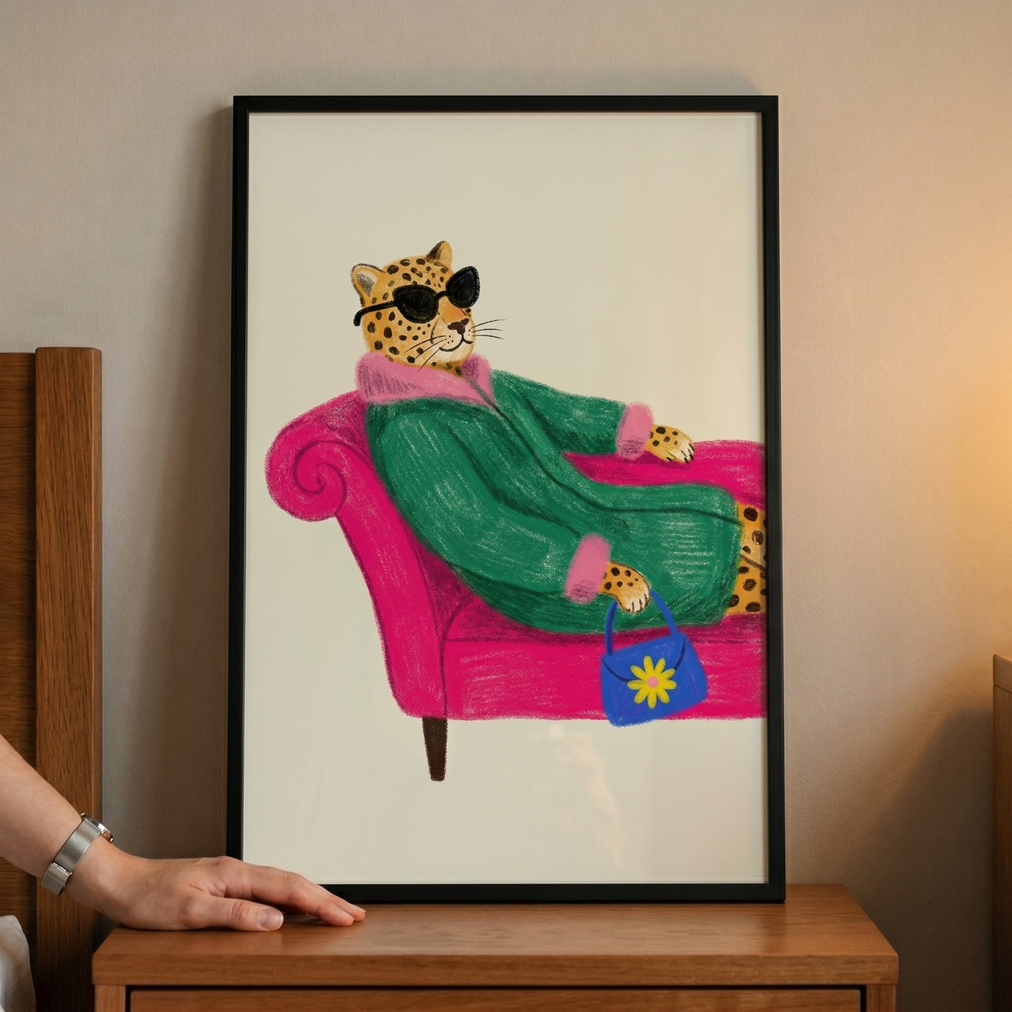 Green Fur Coat Leopard Artwork - Chic Leopard Lounge