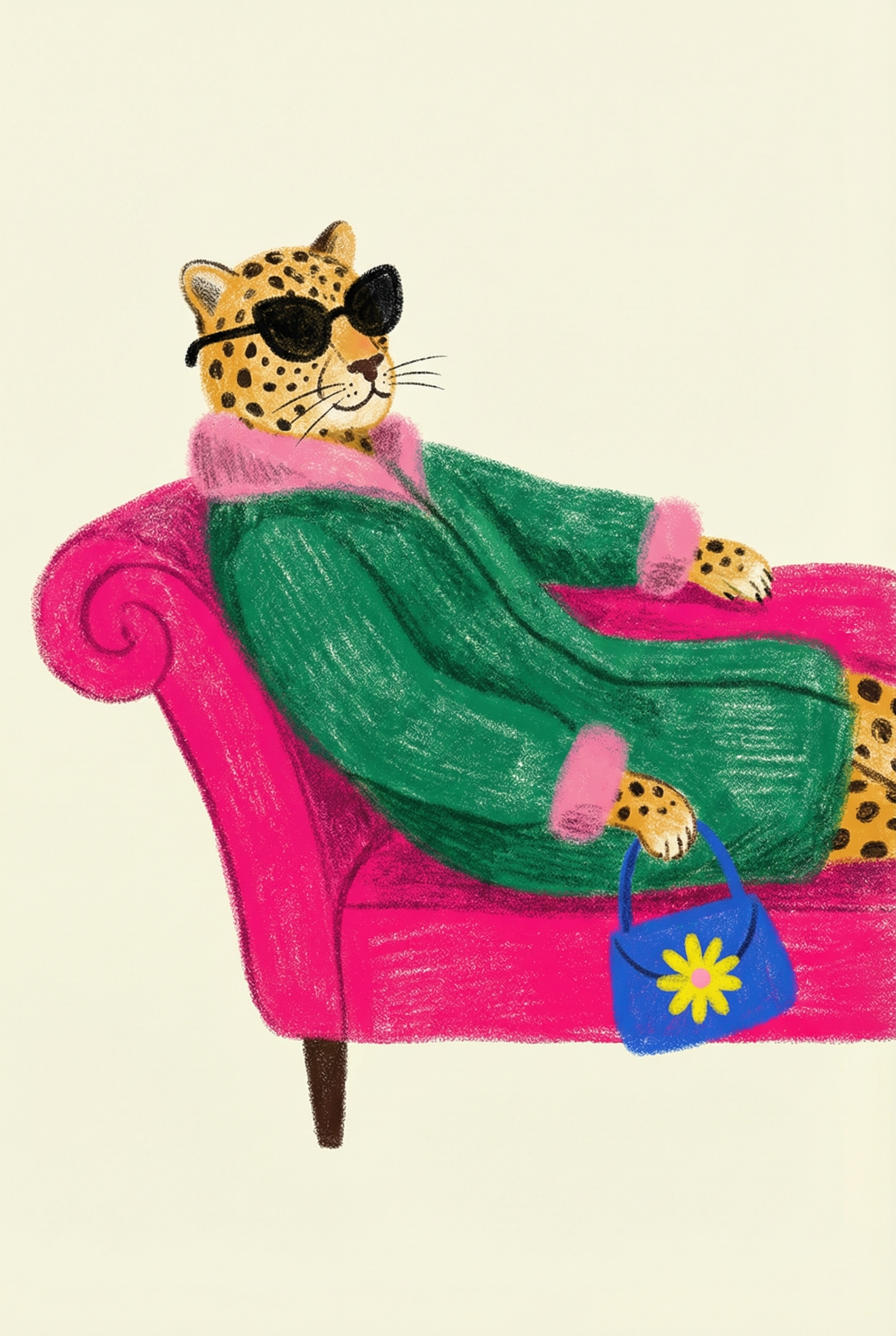 Green Fur Coat Leopard Artwork - Chic Leopard Lounge