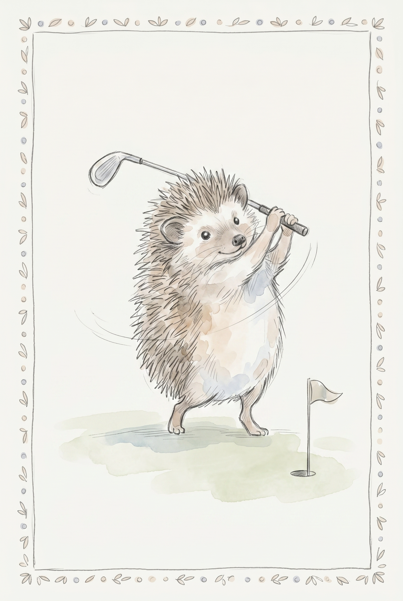 Green Grass Golf Hedgehog Wall Art - Hedgehog Golf Swing
