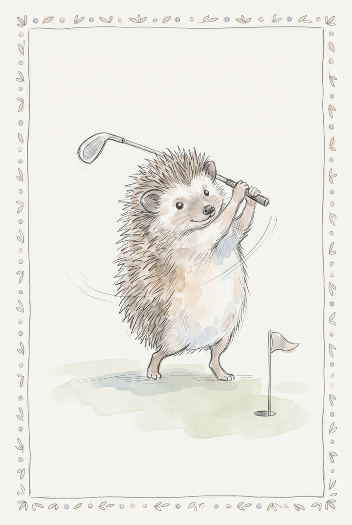 Cute hedgehog swinging a golf club towards a hole in this green grass golf hedgehog wall art with a leaf border.