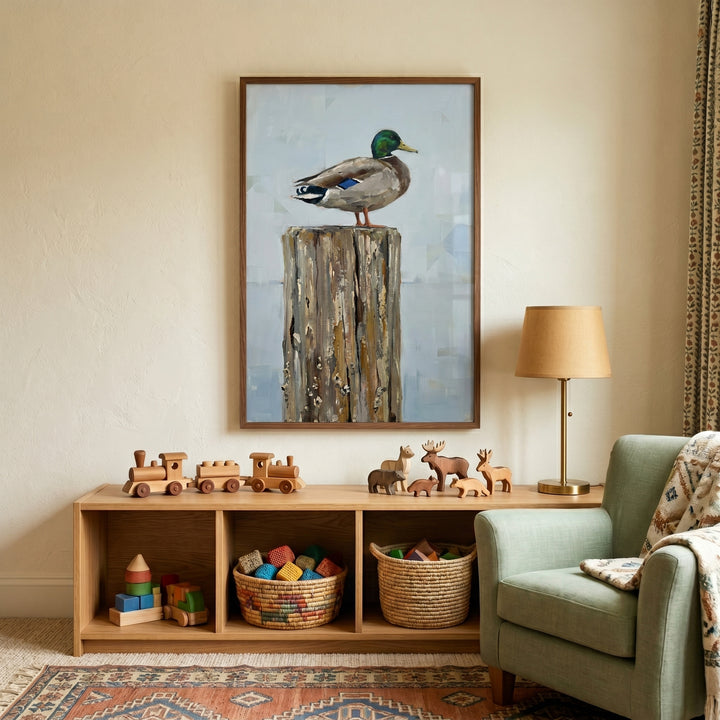 Green head mallard duck wall art above a wooden shelf with toy trains and blocks, near a green armchair and brass lamp.