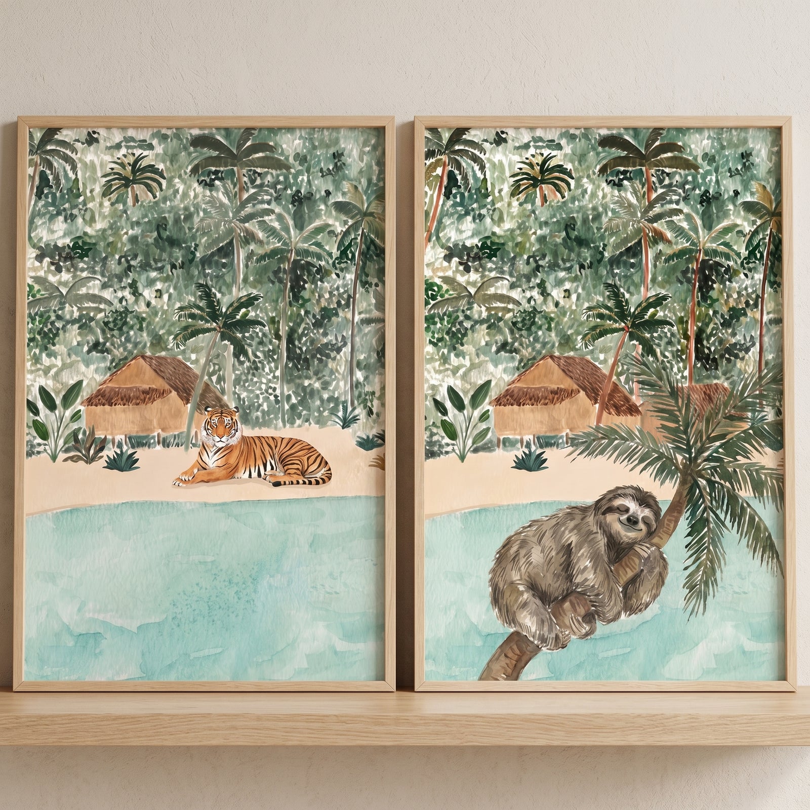 Green misty jungle animals wall art set of 2 featuring a tiger on a beach and a sloth on a palm tree near tropical huts.