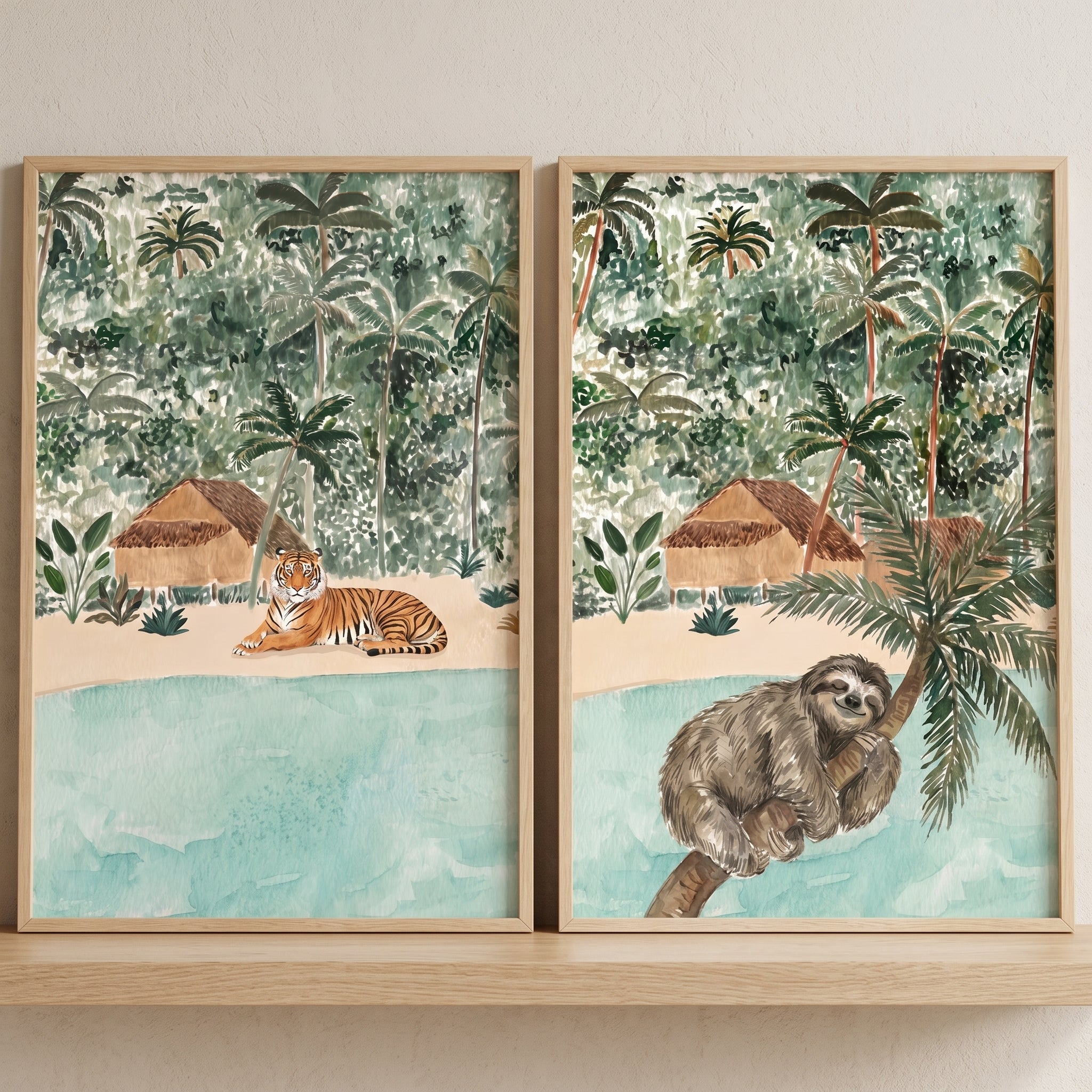 Green Misty Jungle Animals Wall Art Set of 2 - Exotic Island Life