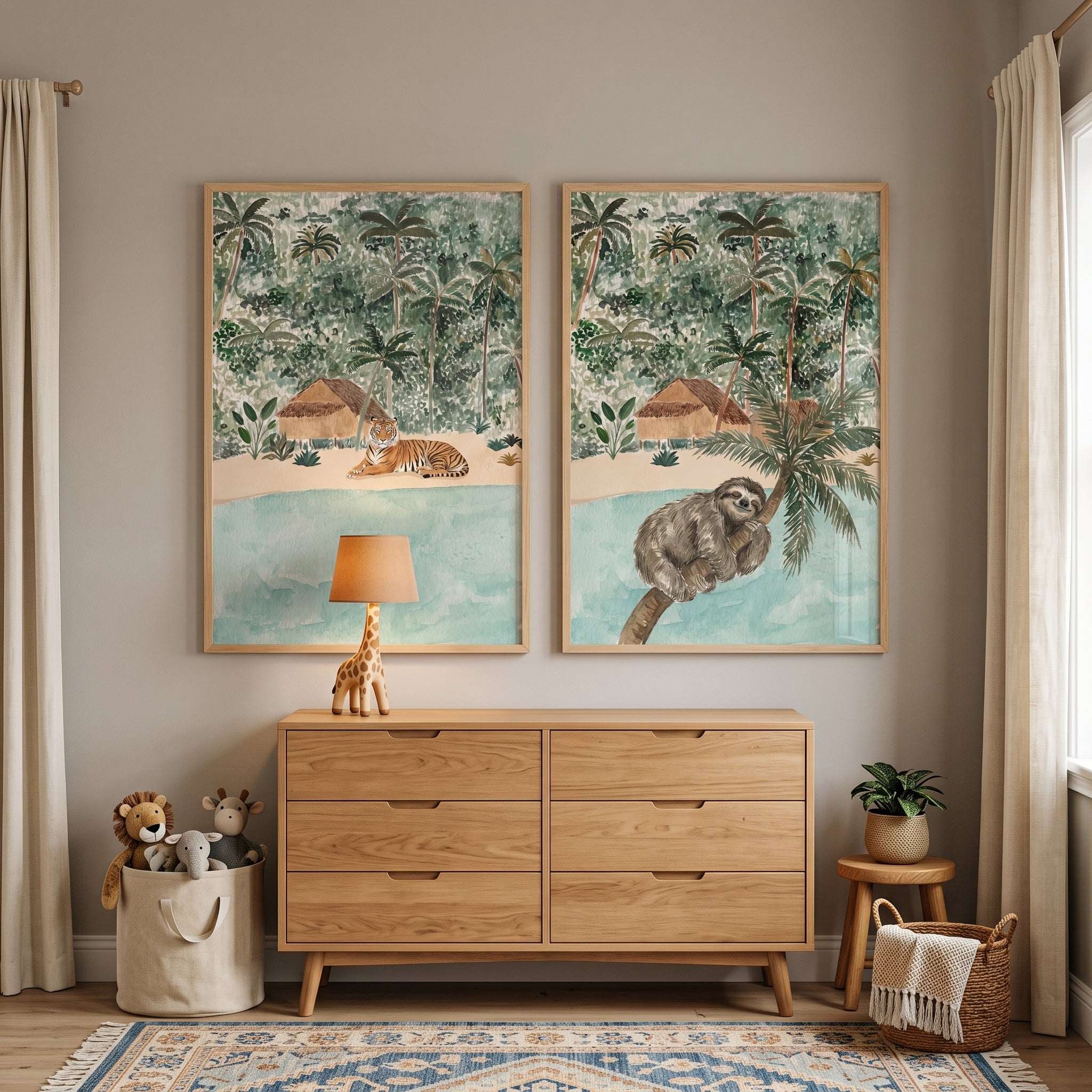 Green Misty Jungle Animals Wall Art Set of 2 - Exotic Island Life