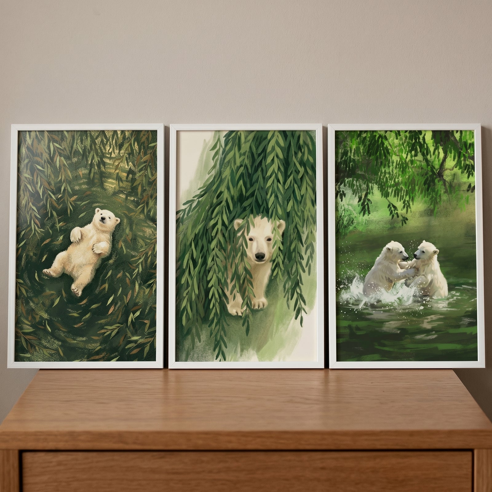 Green nature polar bear wall art set of 3 shows bears resting in foliage, peeking through leaves, and playing in water.