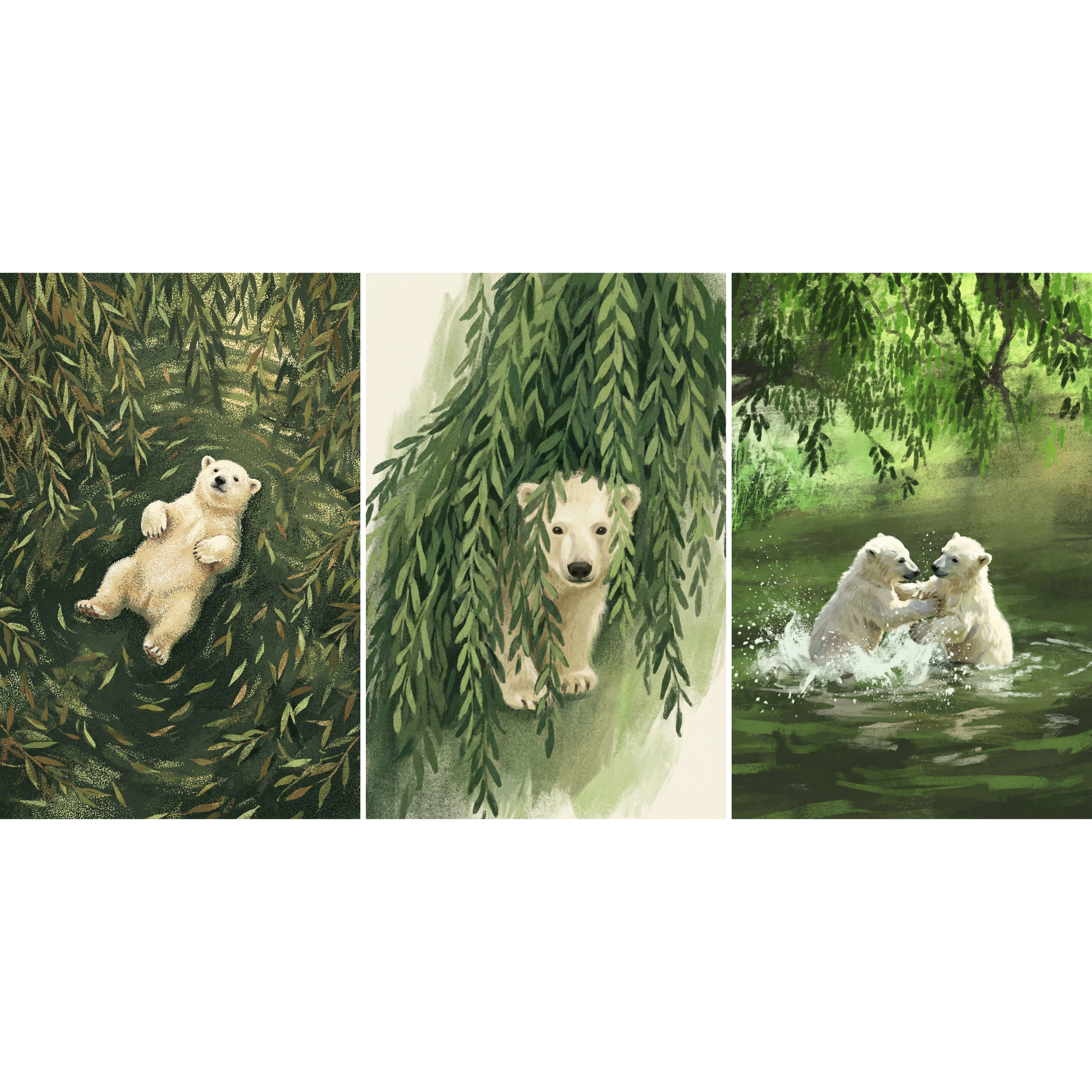 Green Nature Polar Bear Wall Art Set of 3 - Arctic Cub Adventures