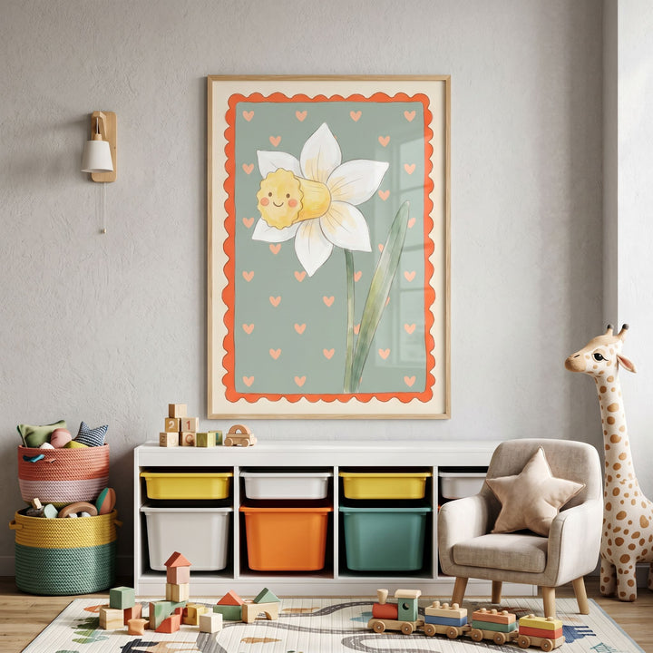 Green stem white daffodil flower wall art hangs above a toy shelf in a nursery with an armchair and a plush giraffe.