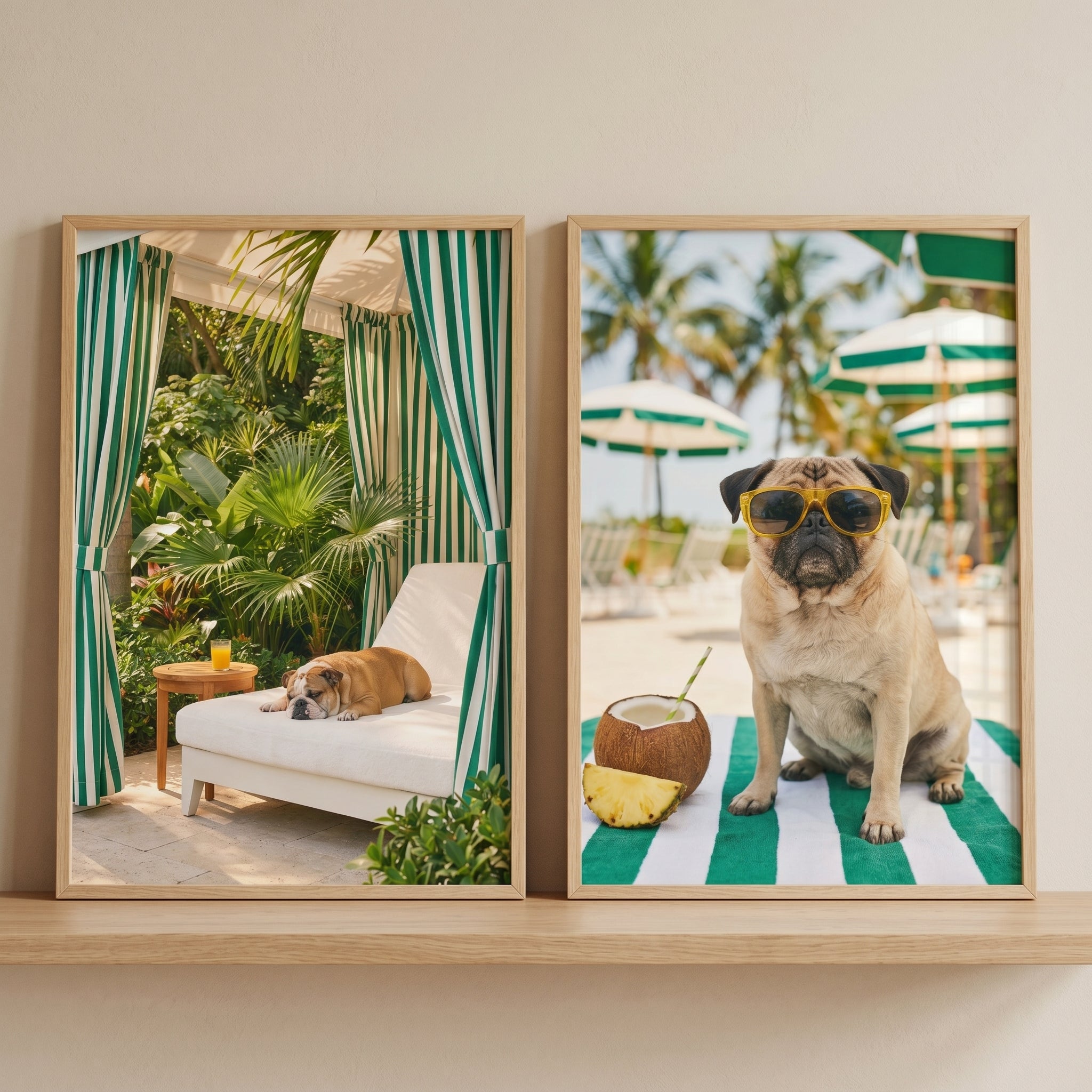 Green Striped Coastal Dog Wall Art Set of 2 - Sunny Puppy Retreat