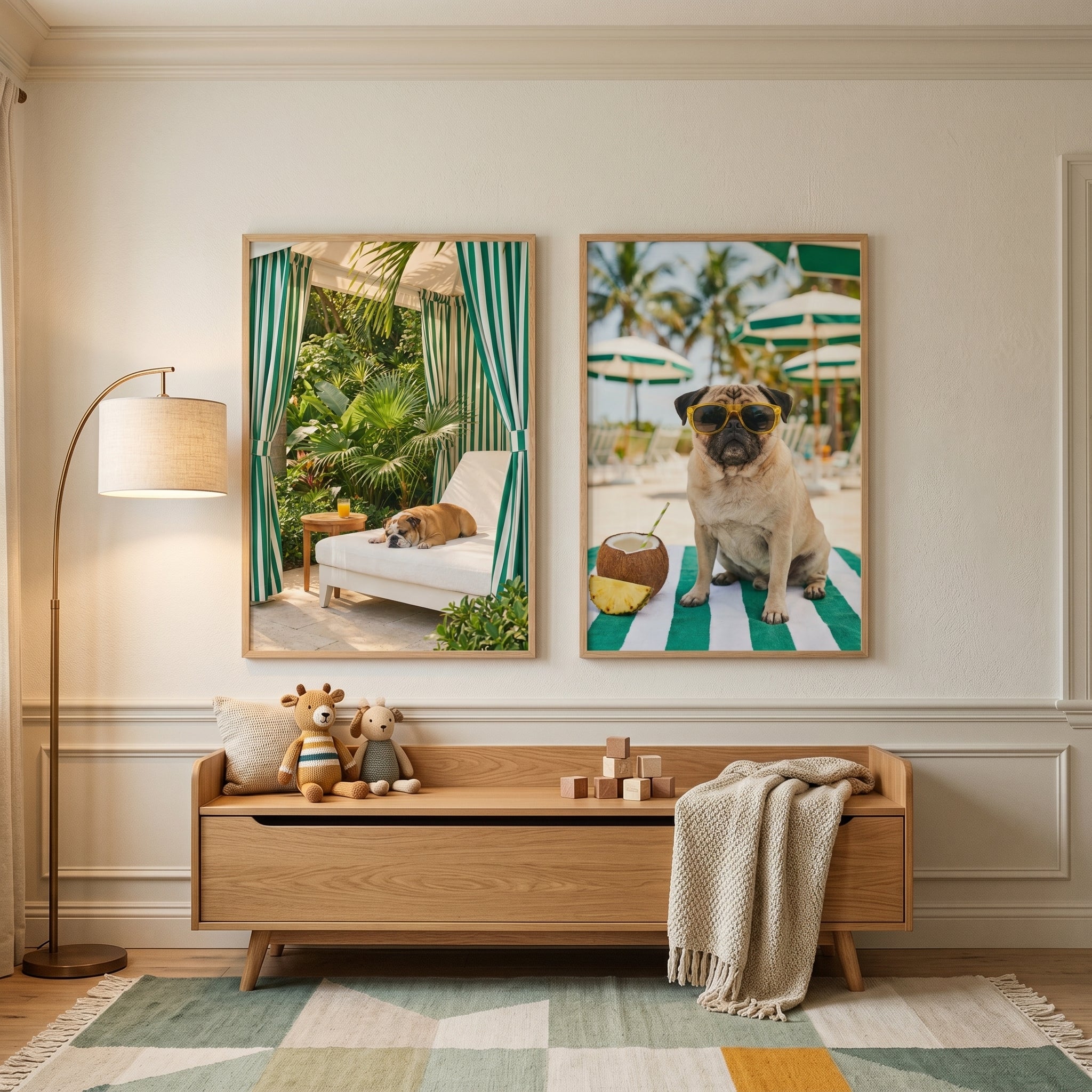 Green Striped Coastal Dog Wall Art Set of 2 - Sunny Puppy Retreat