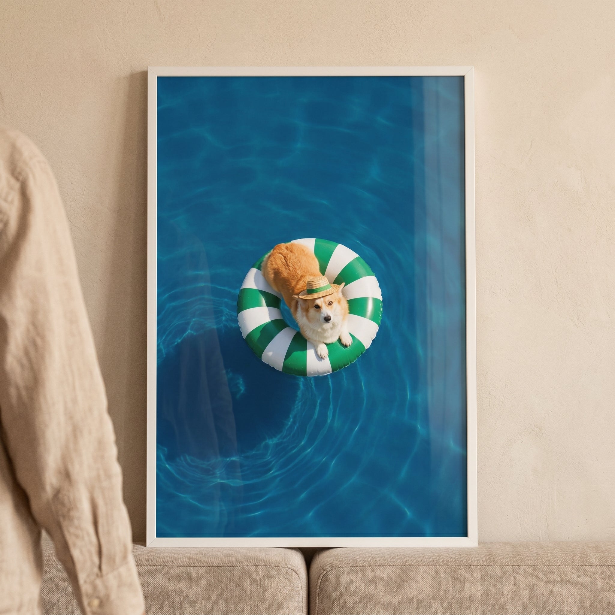 Green Striped Float Corgi Wall Art - Summer Pool Pup