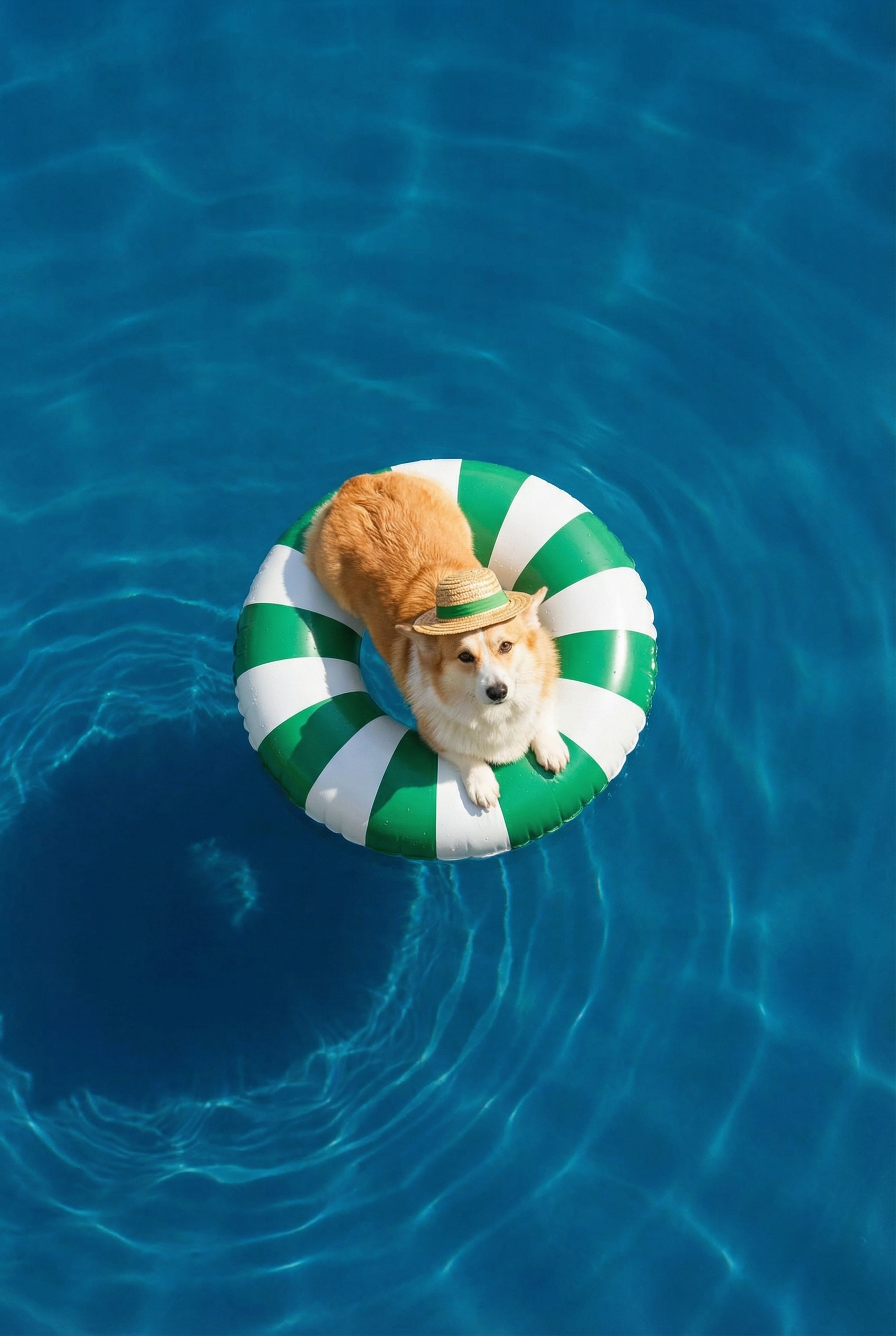 Green Striped Float Corgi Wall Art - Summer Pool Pup