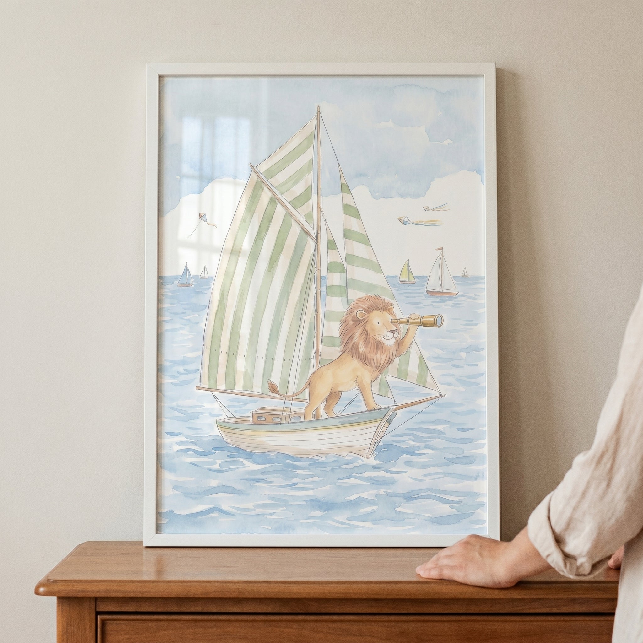 Green Striped Sail Lion Wall Art - Lion's Ocean Voyage