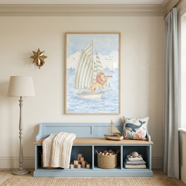 green striped sail lion wall art hangs above a blue bench with a whale pillow, floor lamp, and gold star wall light.