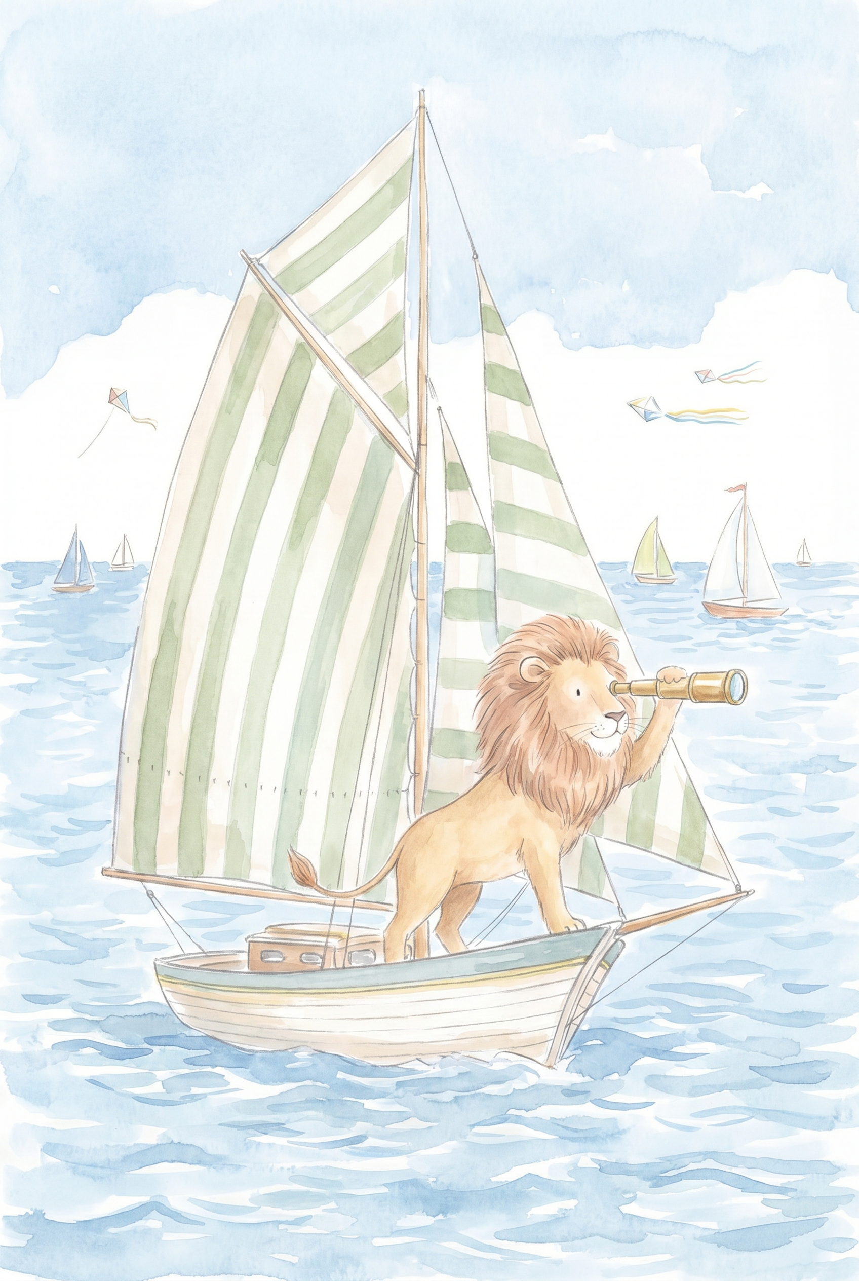 Green Striped Sail Lion Wall Art - Lion's Ocean Voyage