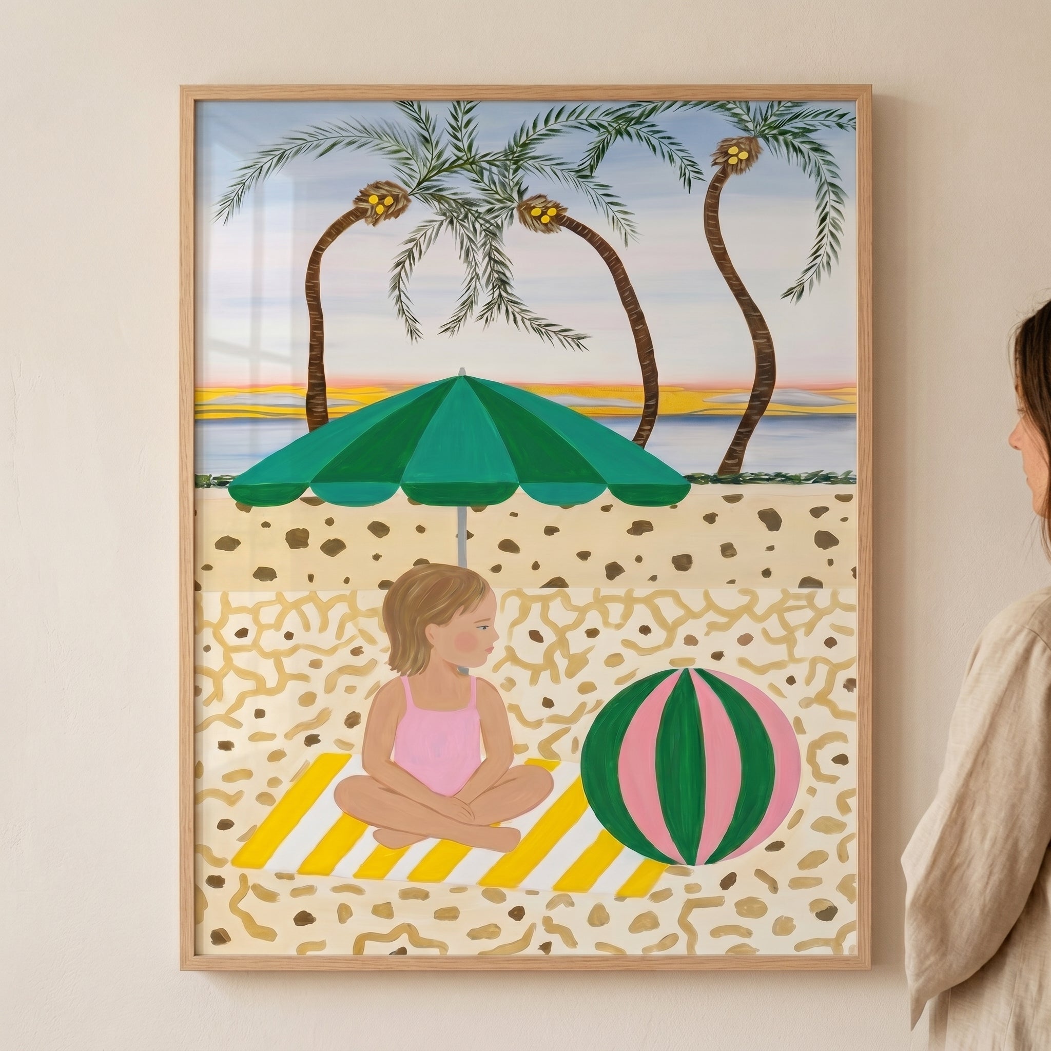 Green Striped Umbrella Girl Wall Art - Quiet Seaside Rest