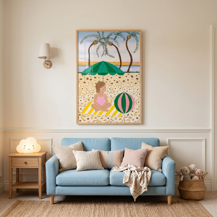 Green striped umbrella girl wall art hangs above a blue sofa with pillows, a cloud lamp, and a basket of plush toys.
