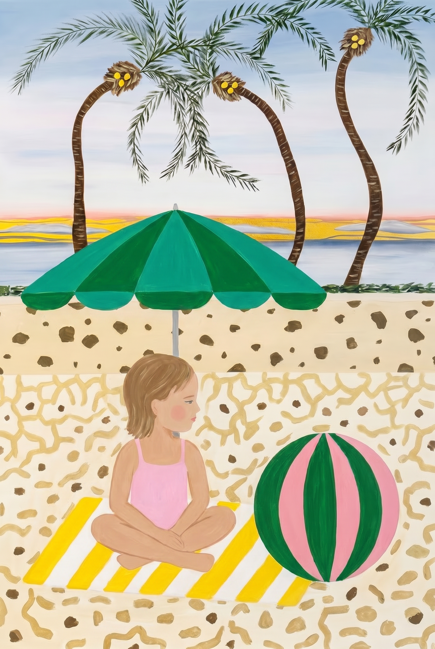 Green Striped Umbrella Girl Wall Art - Quiet Seaside Rest