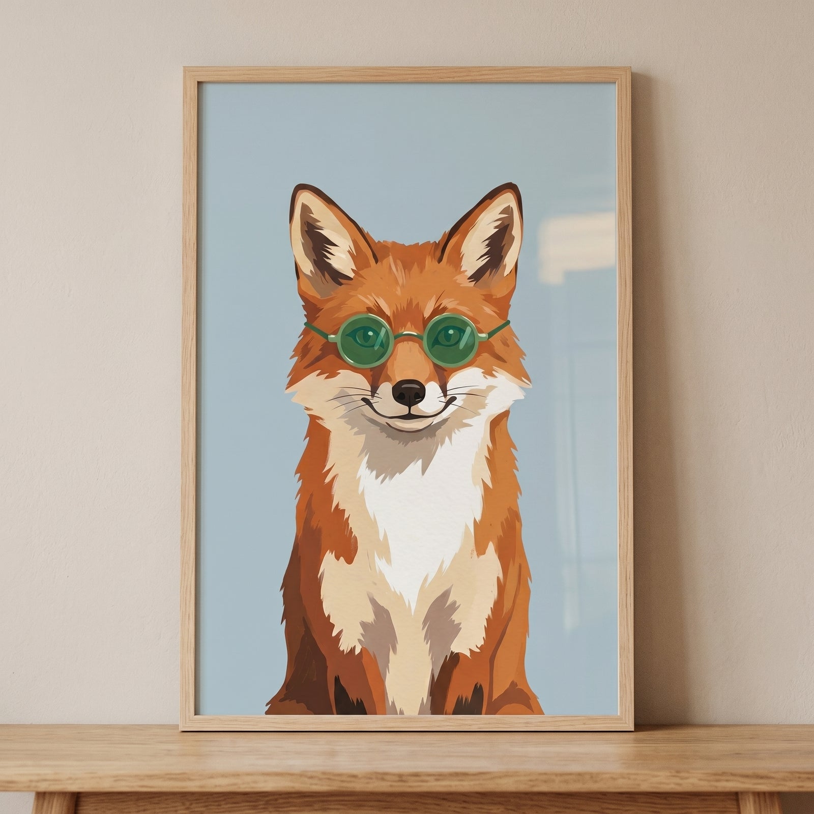Green sunglasses red fox wall art in a wooden frame sits on a matching shelf against a neutral wall.