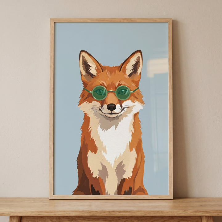 Green sunglasses red fox wall art in a wooden frame sits on a matching shelf against a neutral wall.
