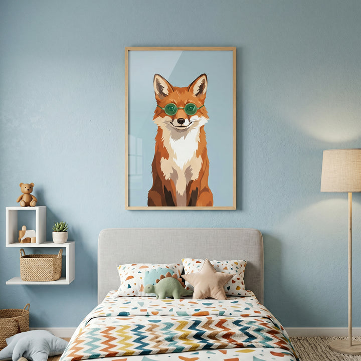 Green sunglasses red fox wall art hangs in a blue child's room above a bed with colorful linens and a star pillow.