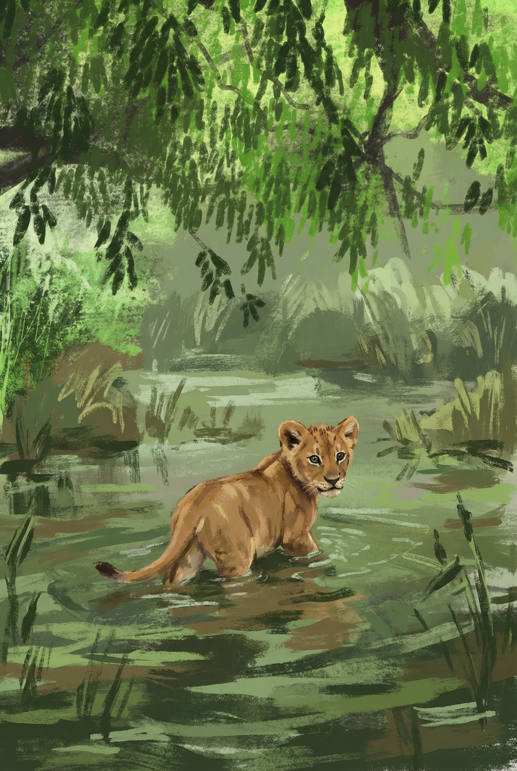 Green Swamp Lion Cub Wall Art - Wild Cub Crossing