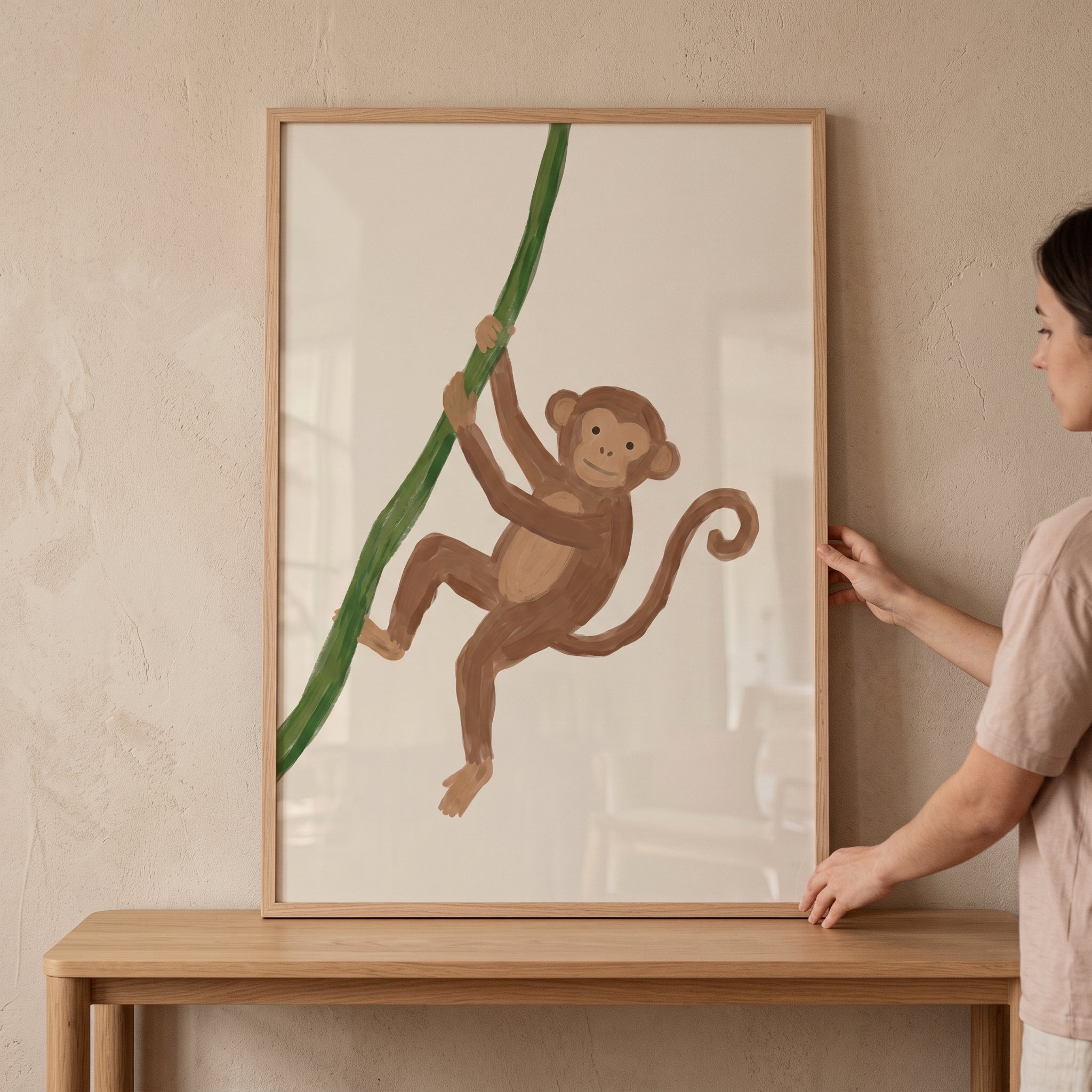 Green Vine Climbing Monkey Wall Art - Playful Jungle Friend
