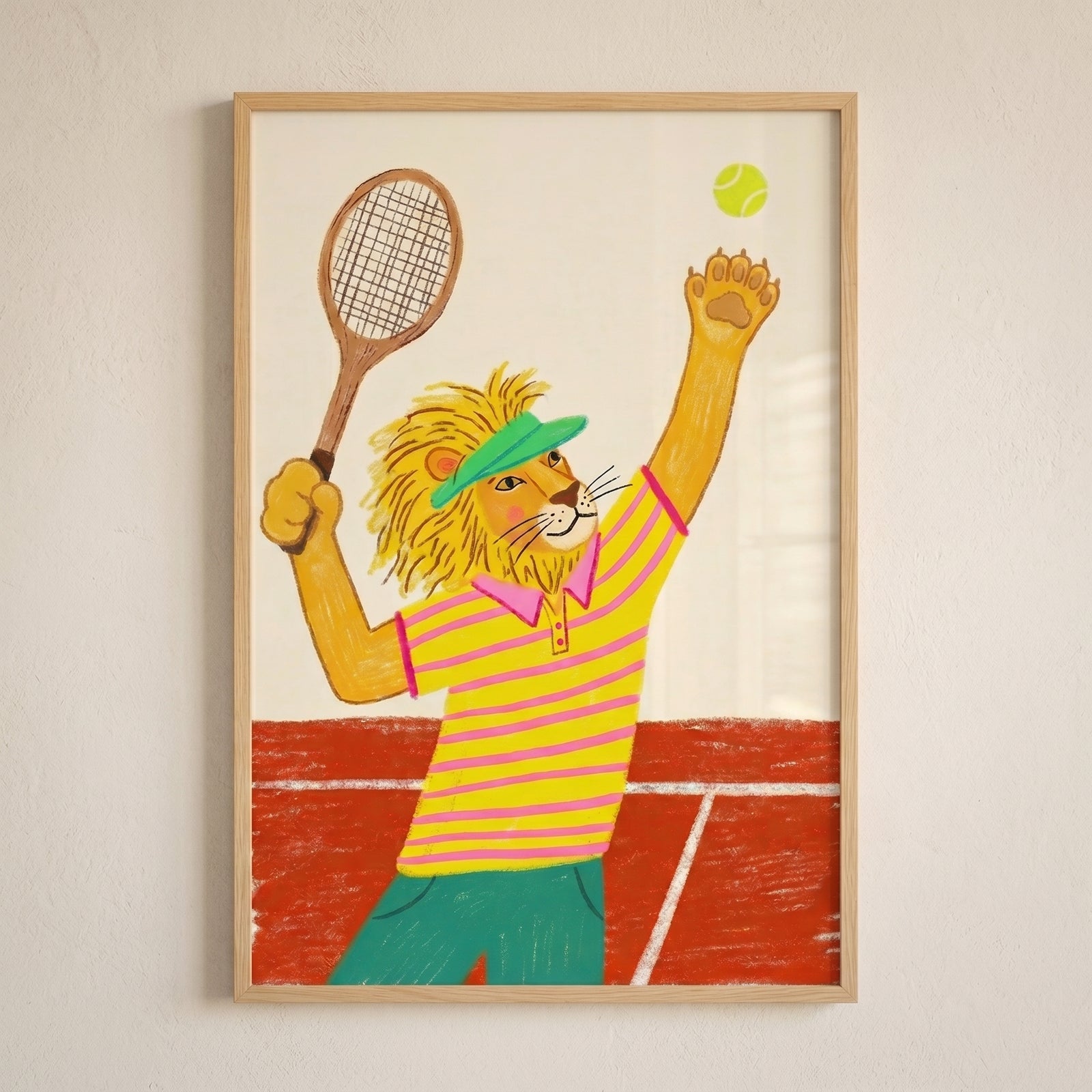 Green visor athletic lion wall art shows a lion in a striped shirt holding a tennis racket on a red court with a frame.