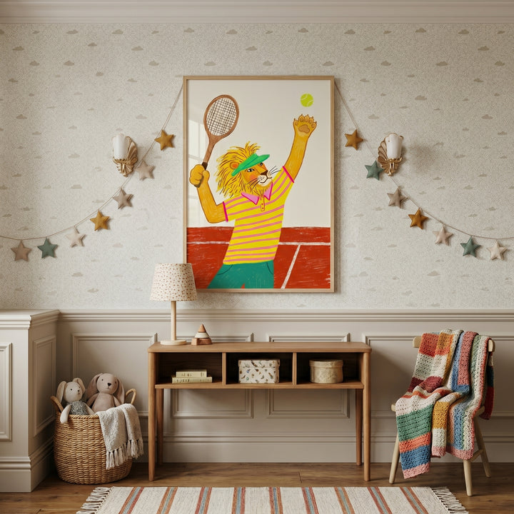 Green visor athletic lion wall art above a console in a child's room with star garlands and a colorful striped knit throw.