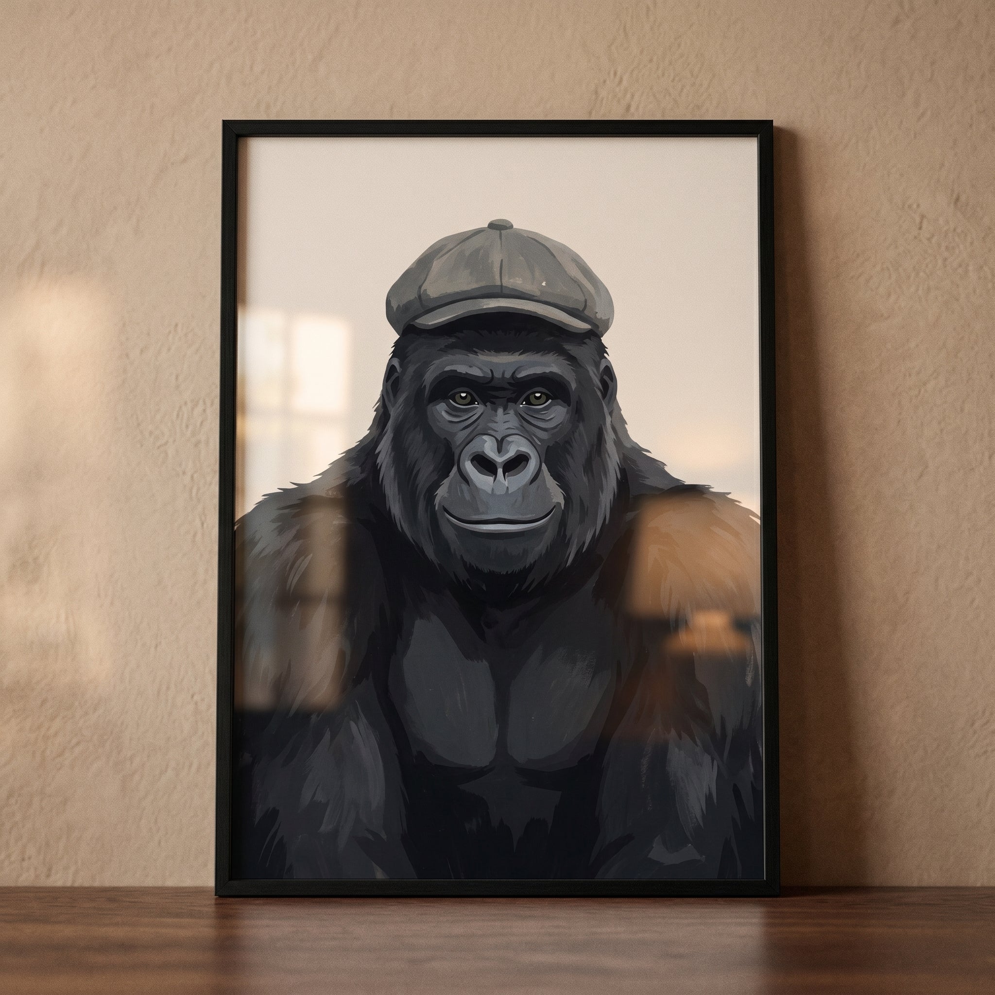 Grey Flat Cap Gorilla Wall Art - Dapper Cap Gorilla