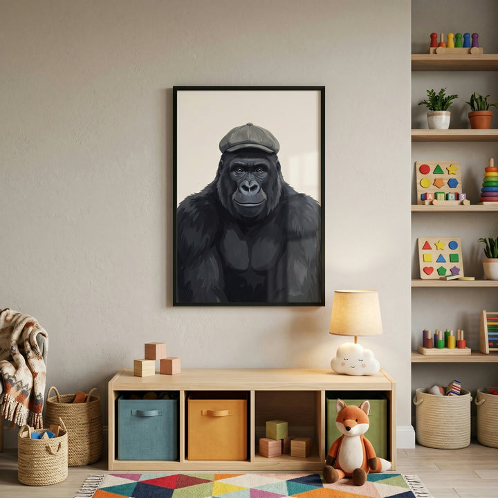 Grey flat cap gorilla wall art hangs in a nursery above a wooden storage unit with colorful bins, toys, and a fox plush.