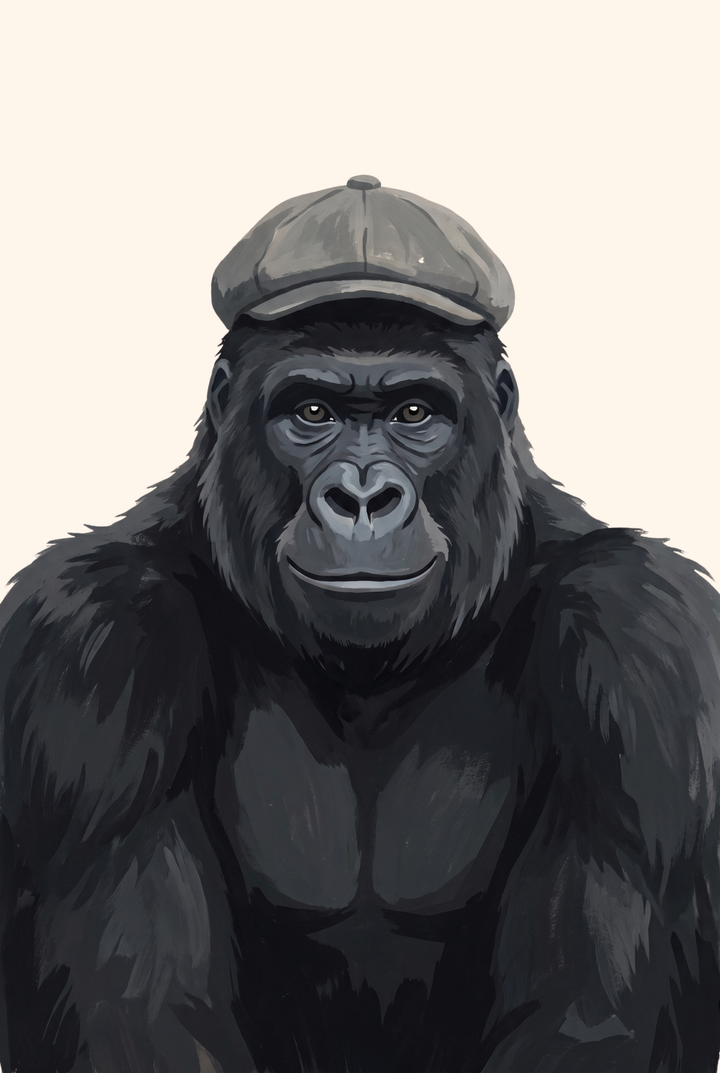 Portrait illustration of a gorilla wearing a hat, featuring grey flat cap gorilla wall art.